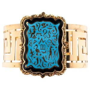 Cuff Bracelet, Enameled Hieroglyphics, 18 Carat Gold
