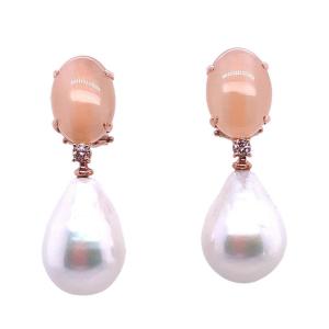 Boucles d'Oreilles En Or Rose 18 Carat , Perle Peachmoons Et Diamants 0,14 Carat