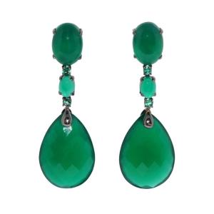 Chandelier Earrings In Green Agate And Emerald In 18 Carat Black Gold