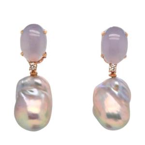Chalcedony And Baroque Pearl Earrings Decorated With Diamonds