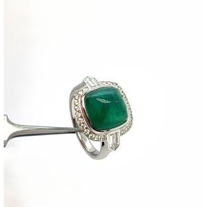 Bague en Or blanc 18 Carats avec Émeraude et Diamants