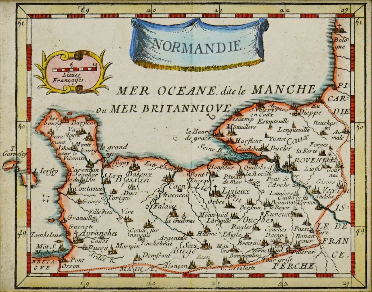 Rare Engraving Of Normandy Accompanied By Its Coat Of Arms - Ep. Late 17th Century (circa 1680)-photo-3