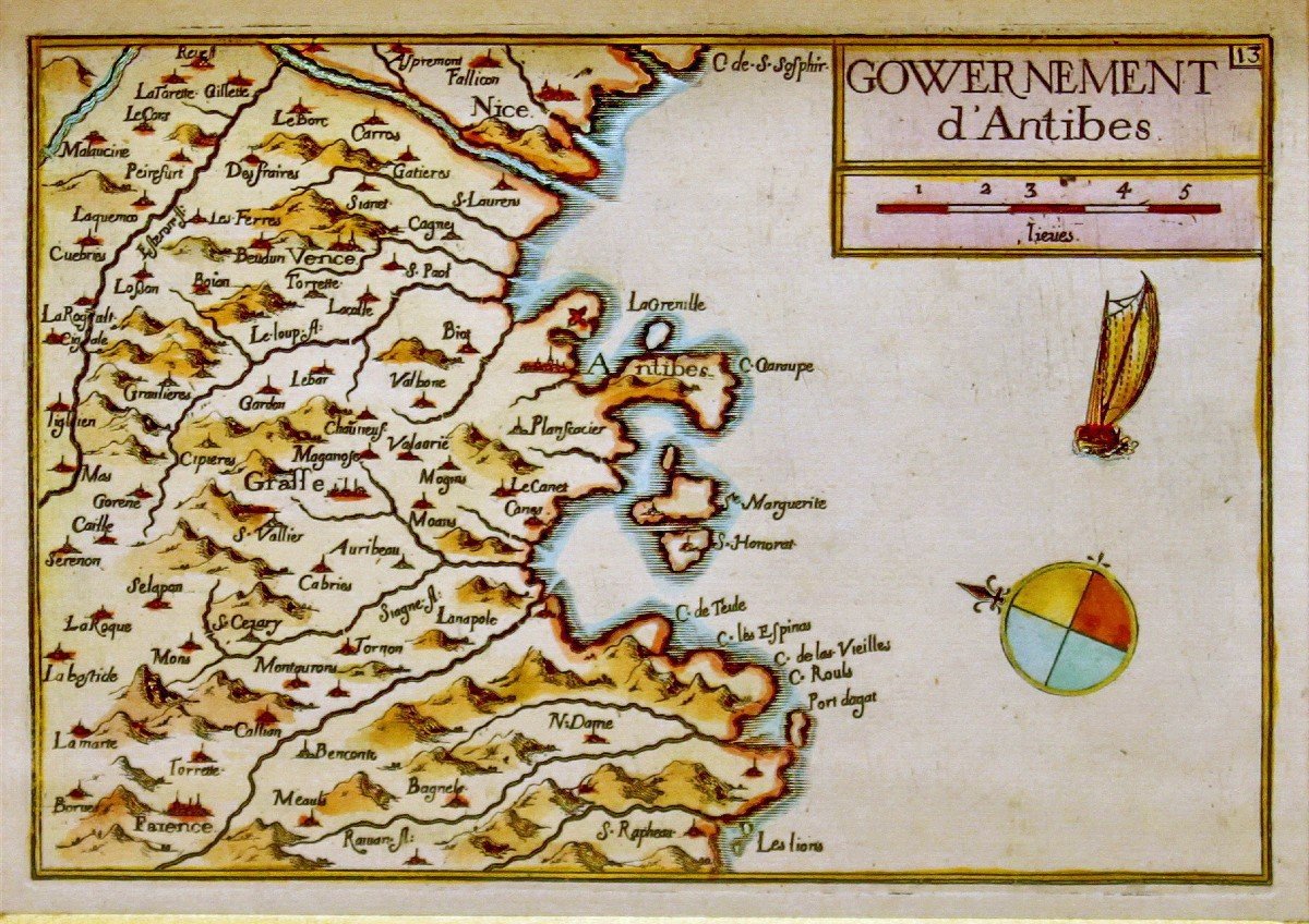 Rare Engraving Map Of The Government Of Antibes - Ep. 17th Century (circa 1635)-photo-3