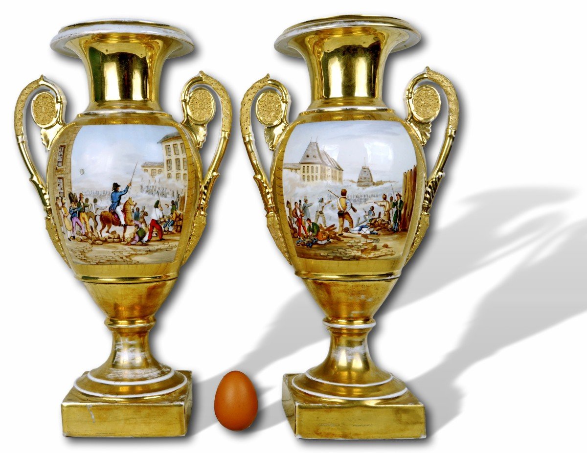 Rare Pair Of Paris Porcelain Baluster Vases With Revolutionary Decor - 19th Century
