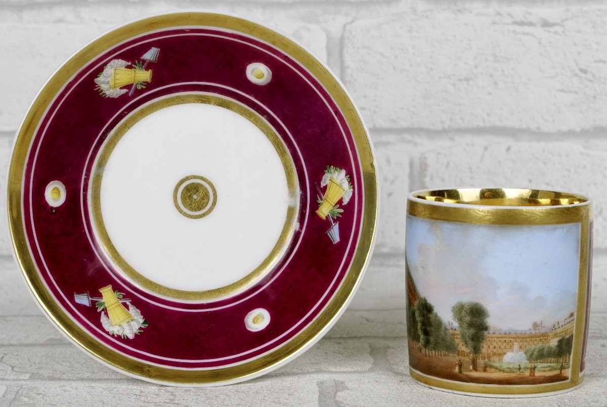 Cup And Saucer In Paris Porcelain - Place Des Vosges - Early 19th Century-photo-3