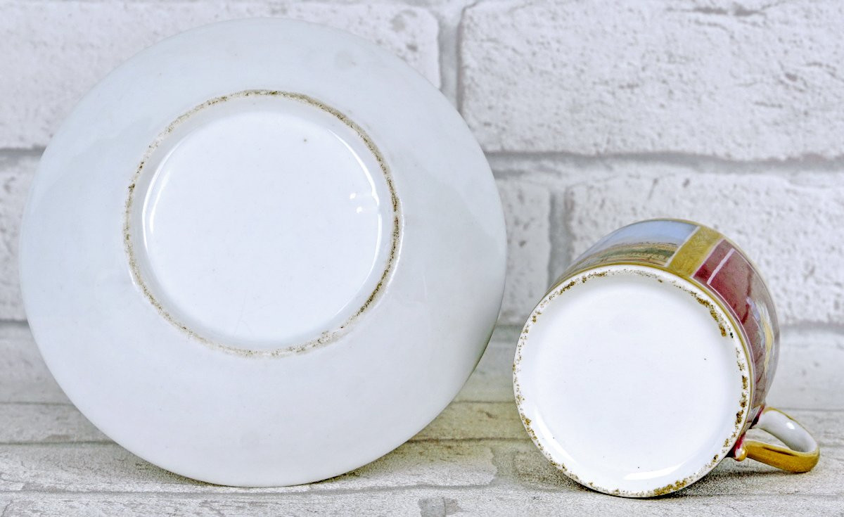 Cup And Saucer In Paris Porcelain - Place Des Vosges - Early 19th Century-photo-4