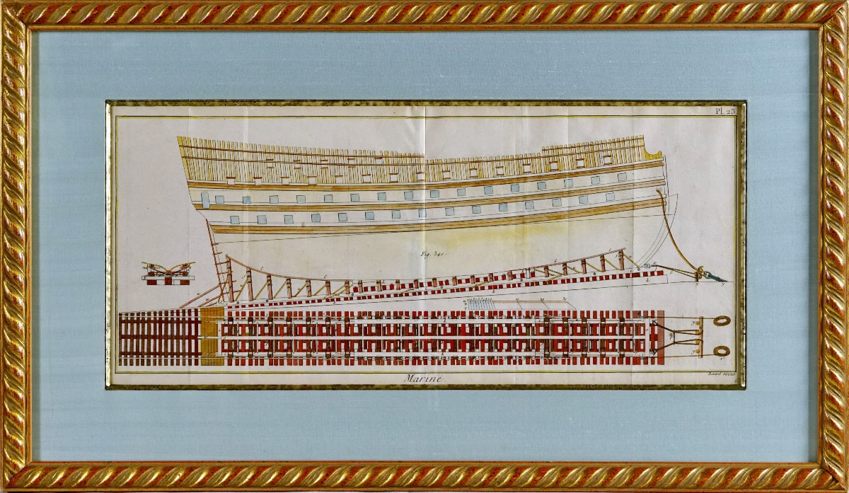 Marine Engraving - Large Boat Section (vessel) - 18th Century