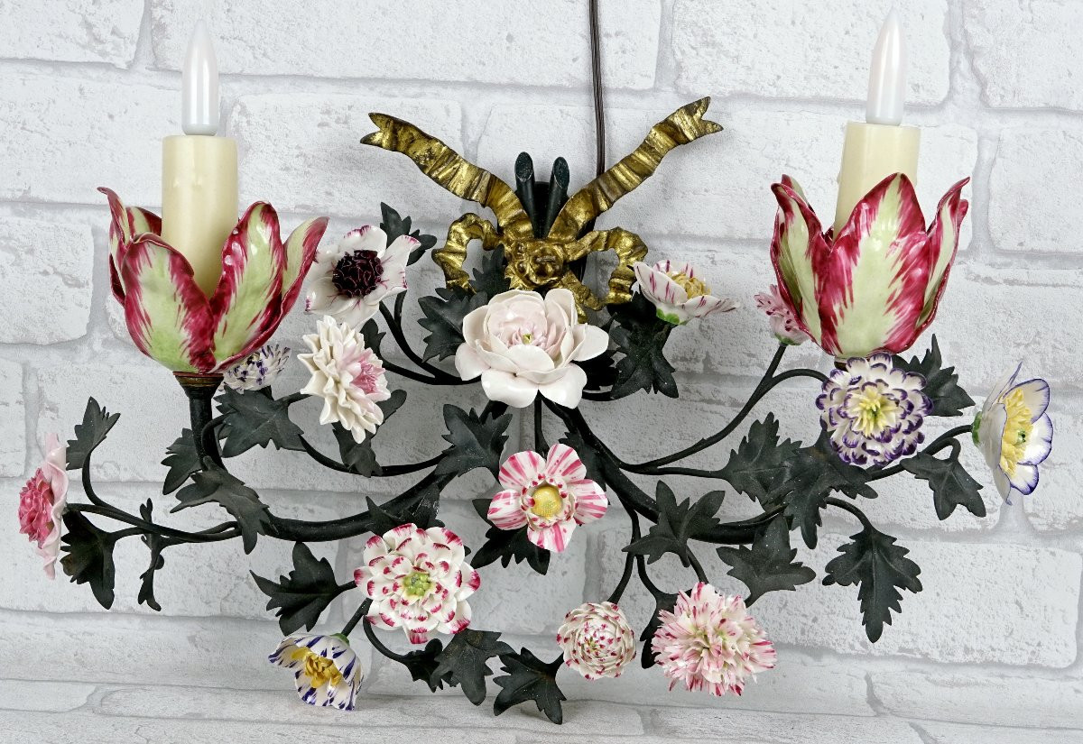 APPLIQUE MURALE du XIXe siècle, enrichie de fleurs en porcelaine de Didier GARDILLOU-photo-1