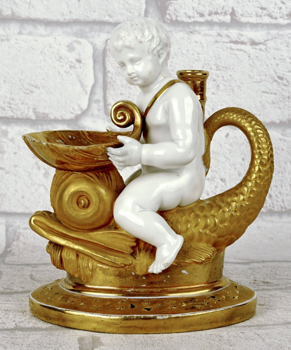 ENCRIER "PUTTO AU DAUPHIN"  porcelaine RUSSE - Manufacture GARDNER à MOSCOU - Ep.  1815/20-photo-1