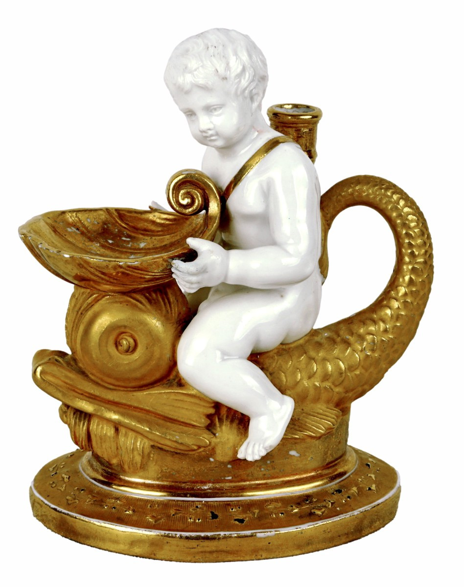 ENCRIER "PUTTO AU DAUPHIN"  porcelaine RUSSE - Manufacture GARDNER à MOSCOU - Ep.  1815/20