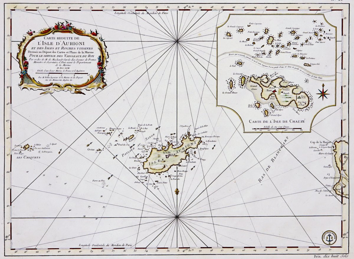 Gravure -  GRANDE CARTE MARINE DE L'ISLE D'AURIGNY - de L'ISLE CHAUZE (CHAUSEY) - Ep. XVIIIe-photo-3