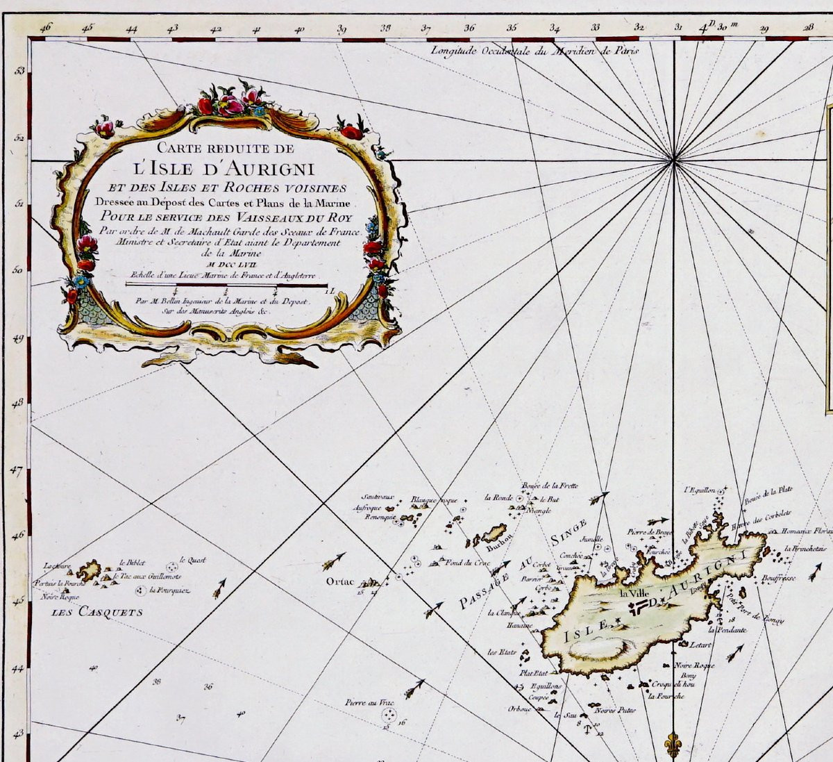 Gravure -  GRANDE CARTE MARINE DE L'ISLE D'AURIGNY - de L'ISLE CHAUZE (CHAUSEY) - Ep. XVIIIe-photo-4