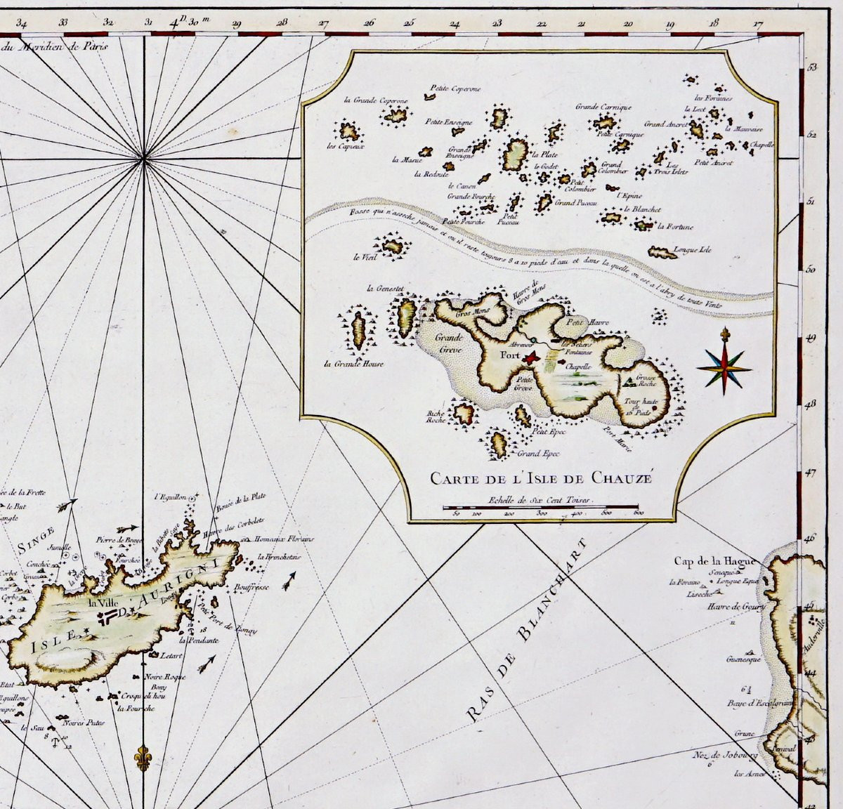 Gravure -  GRANDE CARTE MARINE DE L'ISLE D'AURIGNY - de L'ISLE CHAUZE (CHAUSEY) - Ep. XVIIIe-photo-1
