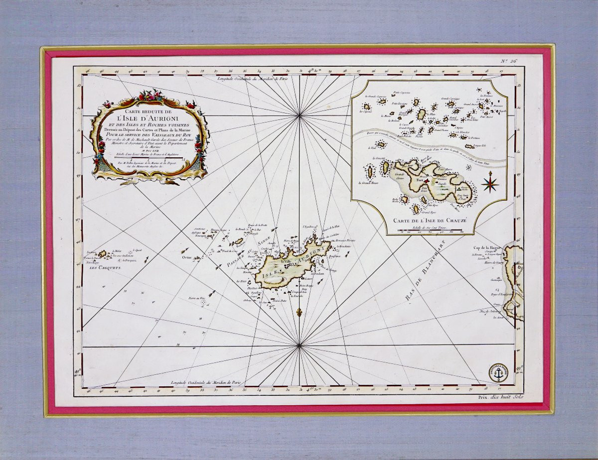 Gravure -  GRANDE CARTE MARINE DE L'ISLE D'AURIGNY - de L'ISLE CHAUZE (CHAUSEY) - Ep. XVIIIe-photo-2