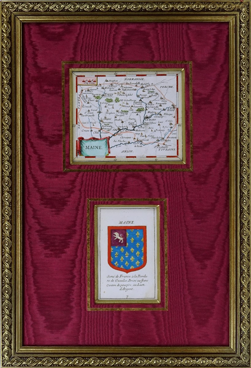 Engraving - Map Of Maine (anjou Touraine) And Its Coat Of Arms - Mid-17th Century