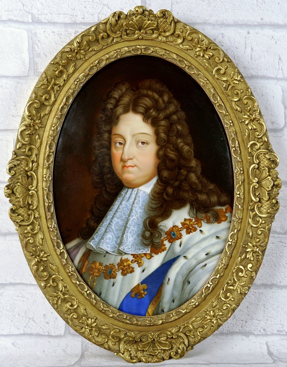 LOUIS XIV d’après Hyacinthe Rigaud Peinture sur une Grande PLAQUE en porcelaine  - Ep. XIXe-photo-3