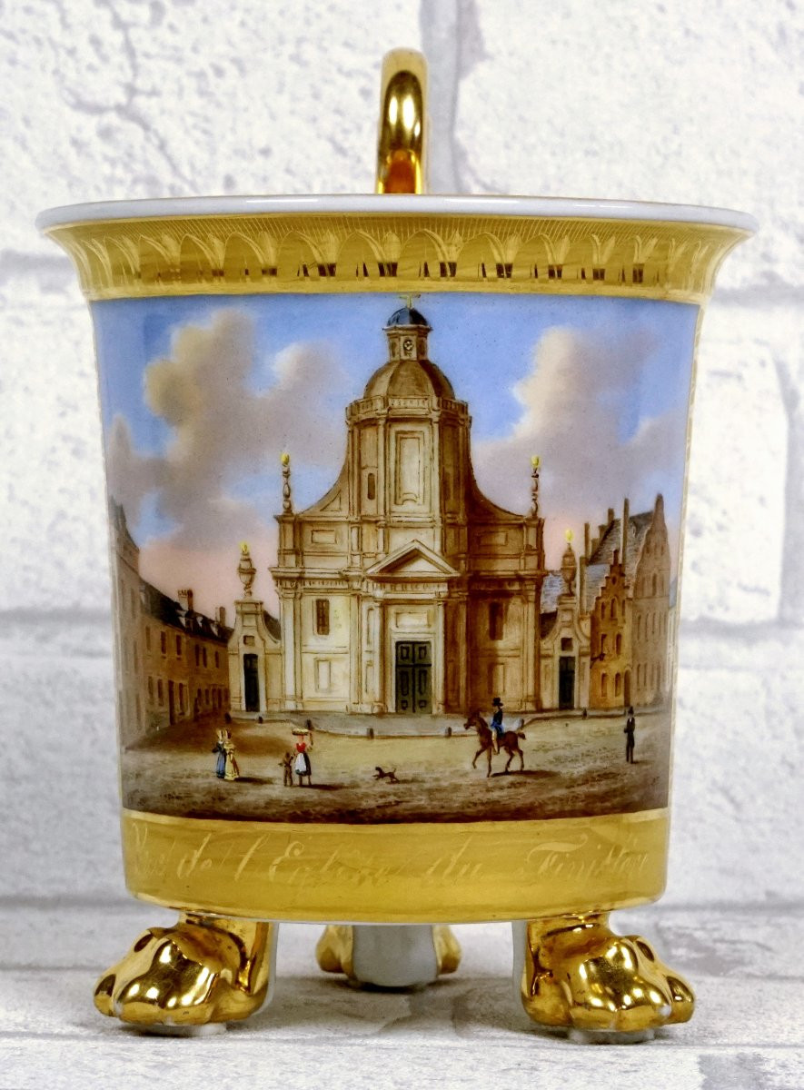 Large Tripod Chocolate Cup And Saucer In Brussels Porcelain, Attributed To Faber -photo-3