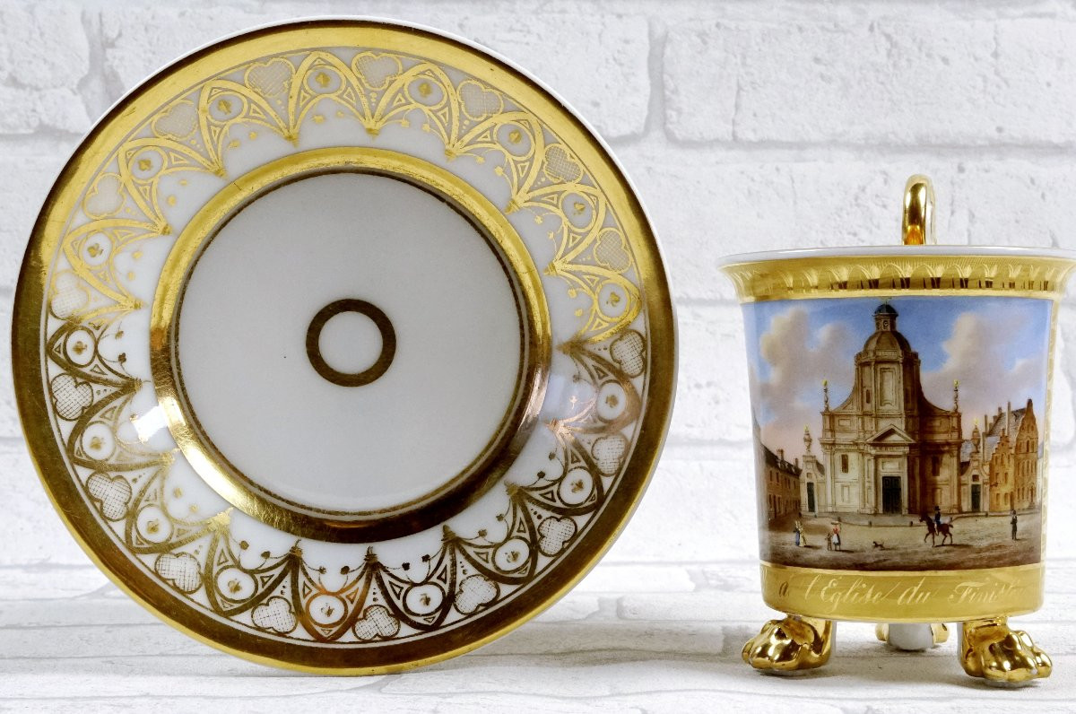 Large Tripod Chocolate Cup And Saucer In Brussels Porcelain, Attributed To Faber -photo-4
