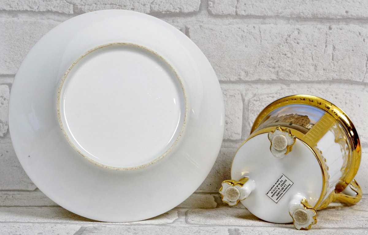 Large Tripod Chocolate Cup And Saucer In Brussels Porcelain, Attributed To Faber -photo-5