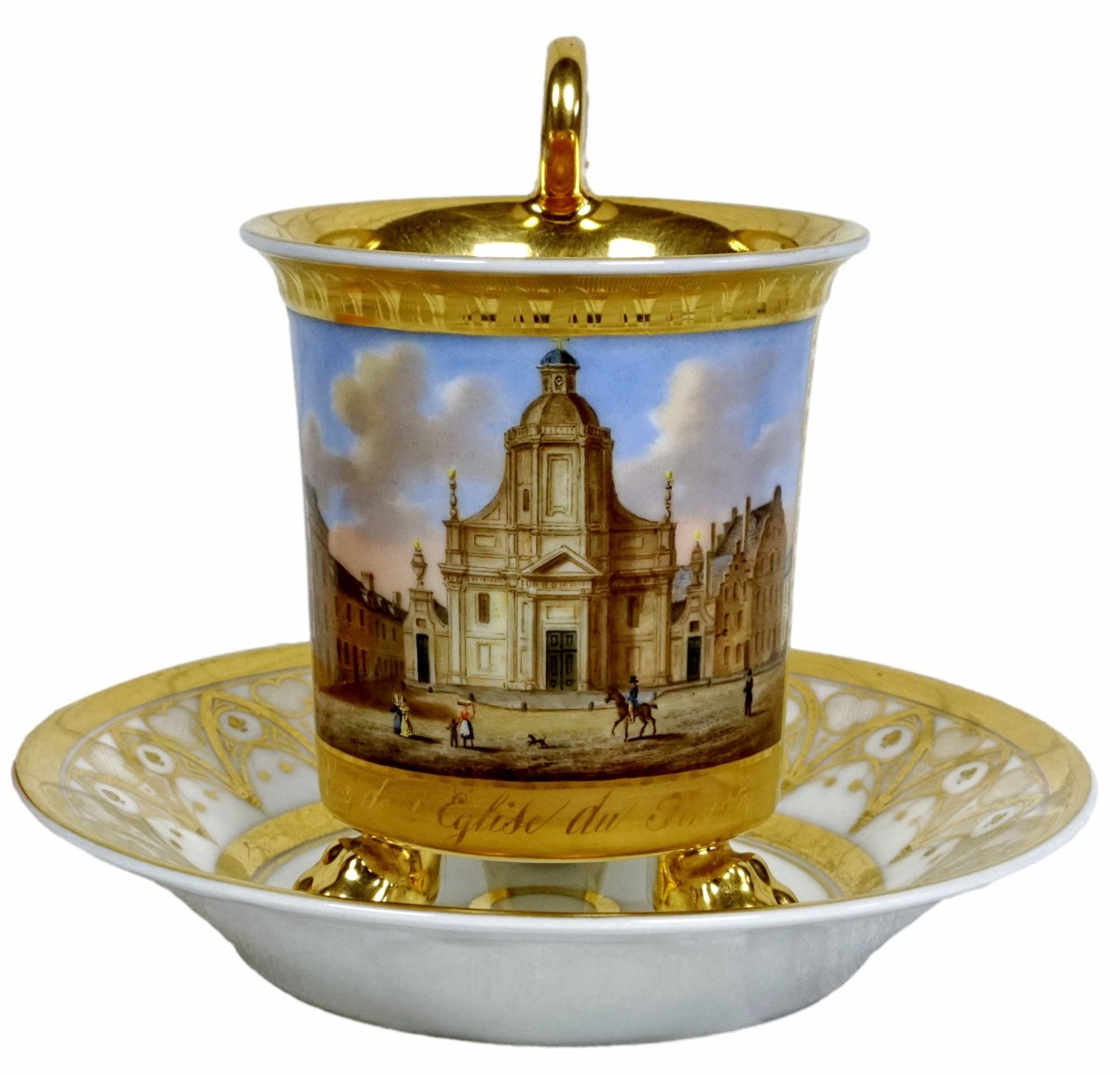 Large Tripod Chocolate Cup And Saucer In Brussels Porcelain, Attributed To Faber 