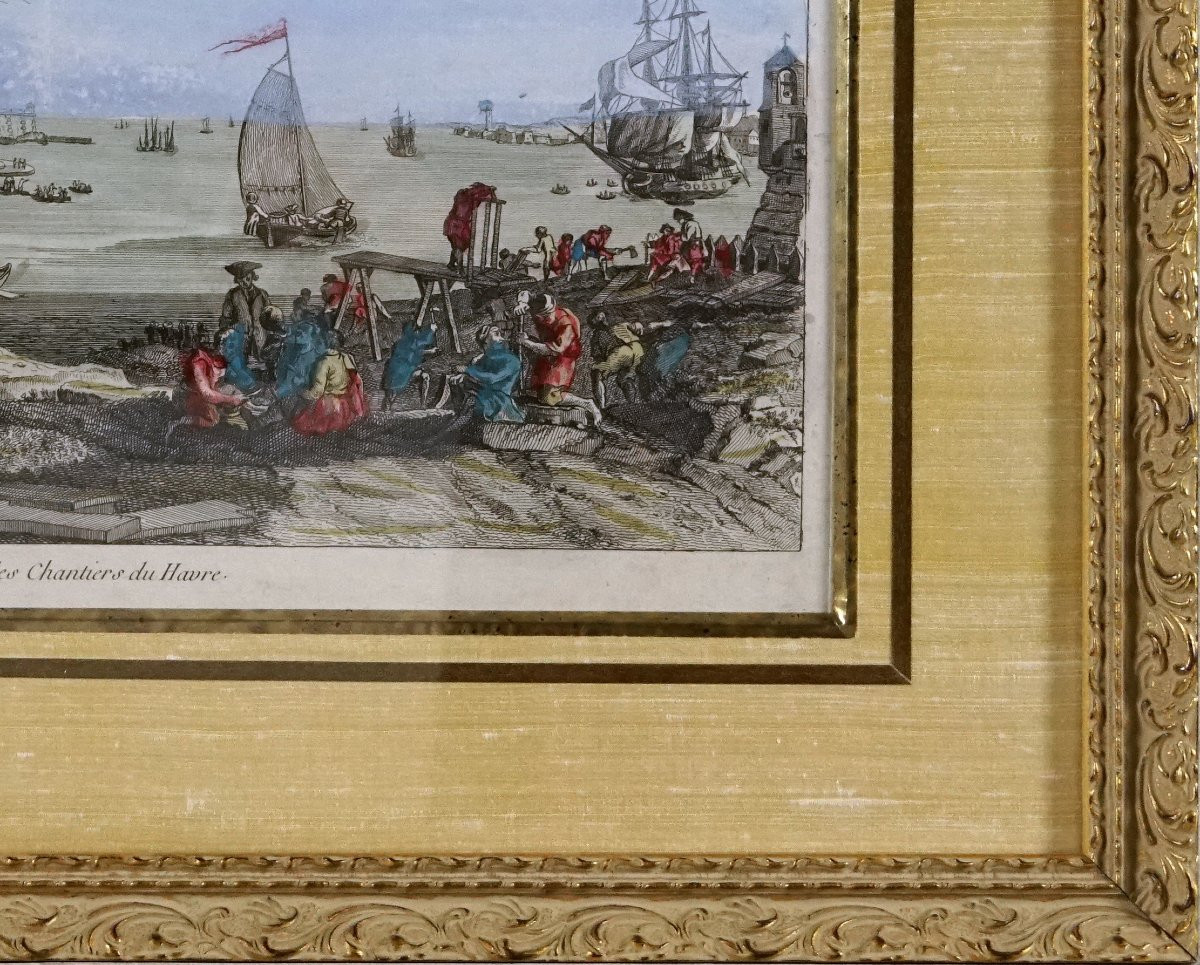 Gravure du HAVRE - VUE DU PORT ET DES CHANTIER DU HAVRE - Ep. XVIIIe - VUE D'OPTIQUE-photo-2