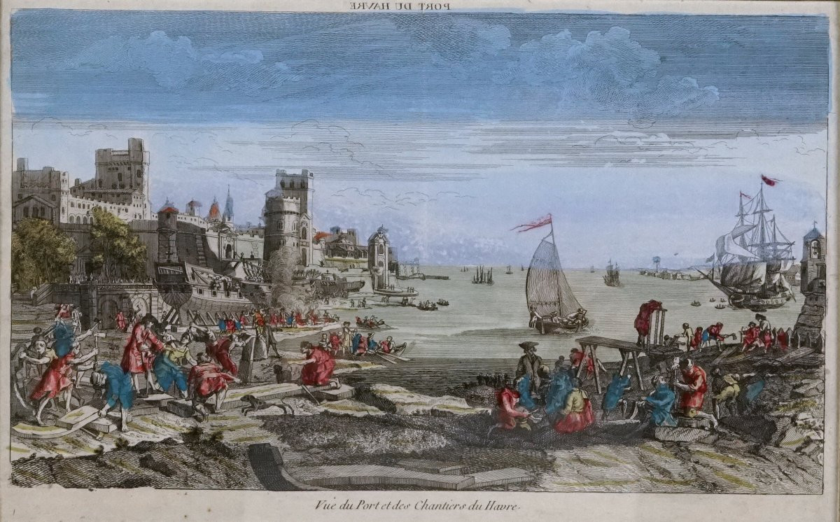 Gravure du HAVRE - VUE DU PORT ET DES CHANTIER DU HAVRE - Ep. XVIIIe - VUE D'OPTIQUE-photo-3