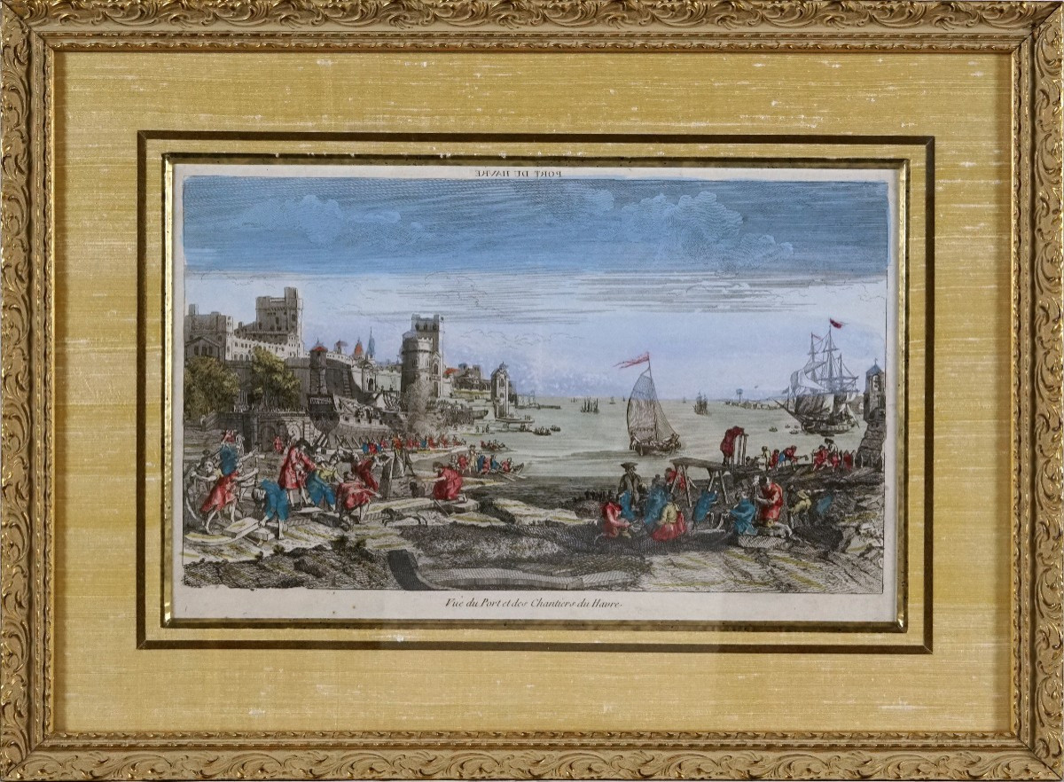 Gravure du HAVRE - VUE DU PORT ET DES CHANTIER DU HAVRE - Ep. XVIIIe - VUE D'OPTIQUE