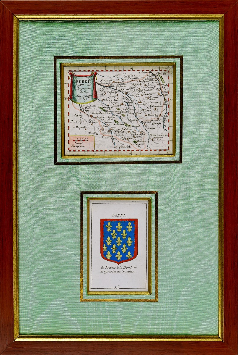 CARTE du BERRY et son BLASON - Rare gravure - Ep. MILIEU XVIIe