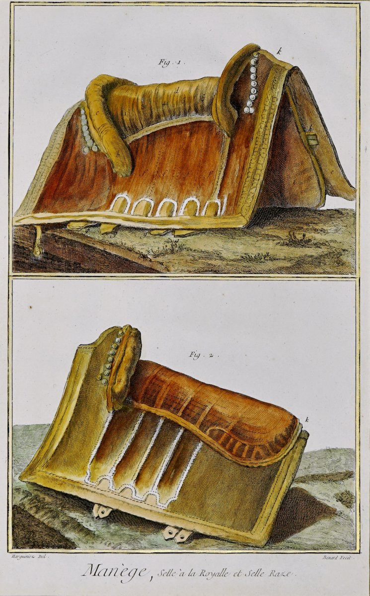 Large Equestrative Engraving: The Manege - Royal Saddle And Raze Saddle - 18th Century-photo-2