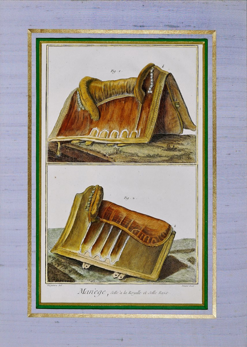 Large Equestrative Engraving: The Manege - Royal Saddle And Raze Saddle - 18th Century-photo-3