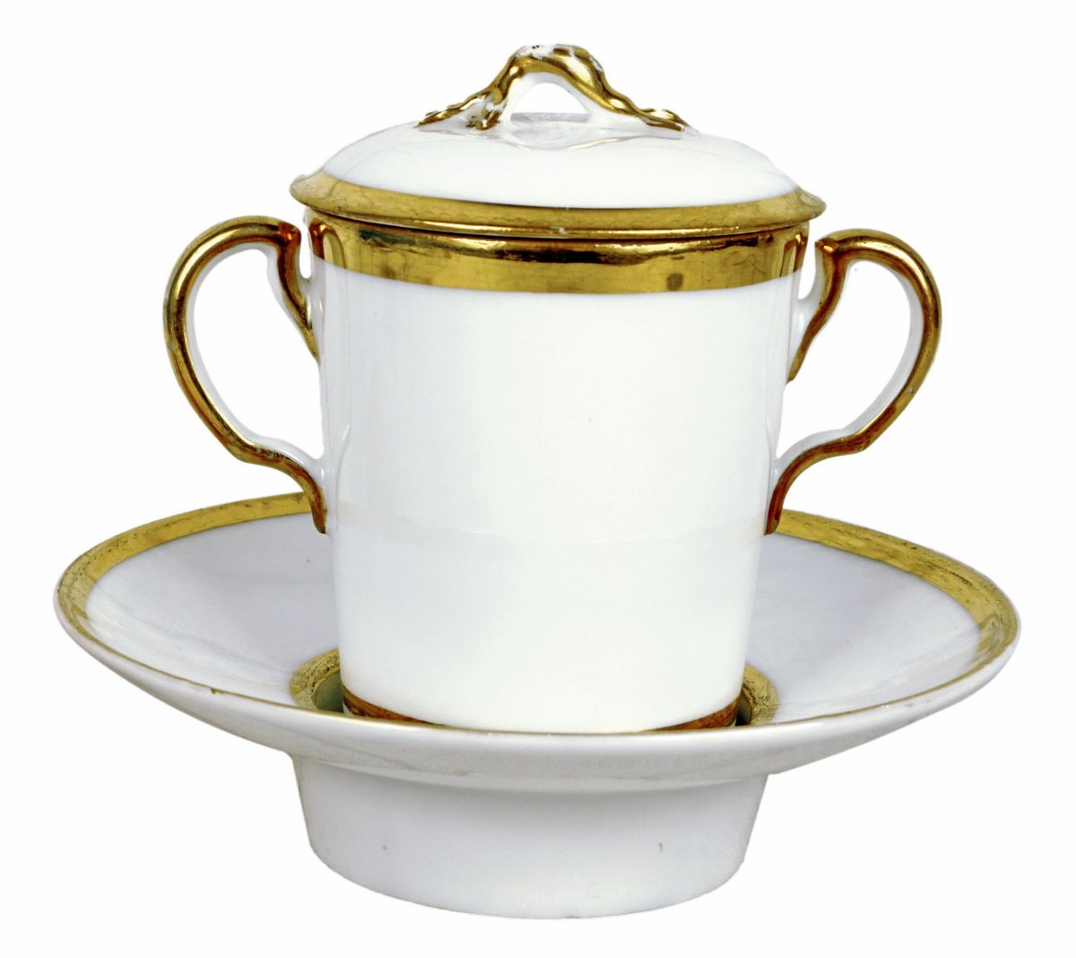 TASSE TREMBLEUSE à 2 ANSES et sa SOUCOUPE en porcelaine de LIMOGES-COMTE D'ARTOIS - Ep. XVIIIe
