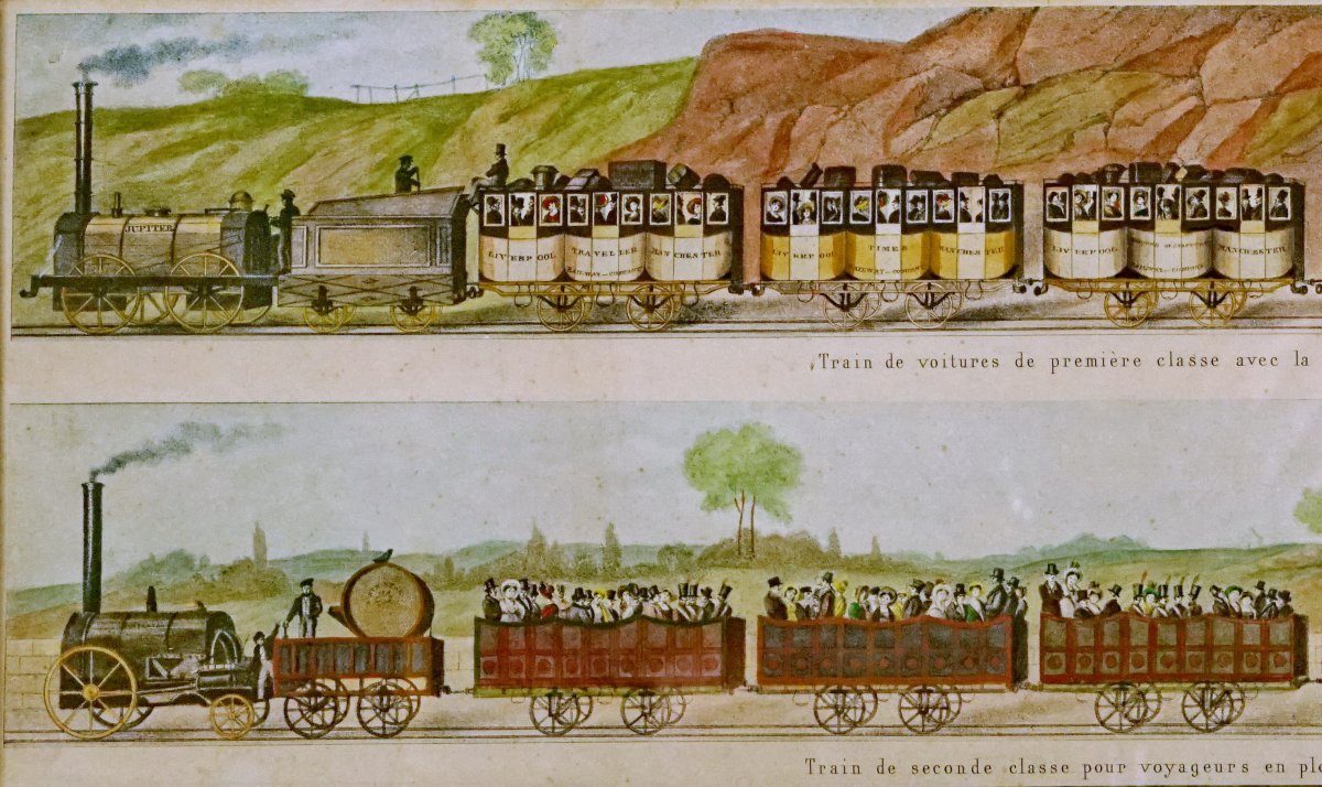 Engraving - Passenger Trains On The Liverpool–manchester Line – Jupiter And North Star - 19th Century-photo-1