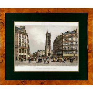 Lithographie Gravure - Paris  La Tour Saint Jacques La Boucherie Et Rue De Rivoli -  Ep. XIXe