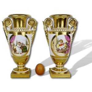 Pair Of Paris Porcelain Vases - Early 19th Century