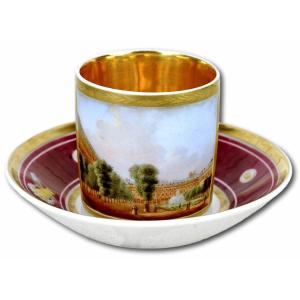 Cup And Saucer In Paris Porcelain - Place Des Vosges - Early 19th Century