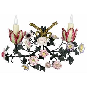 19th Century Wall Sconce, Decorated With Porcelain Flowers By Didier Gardillou