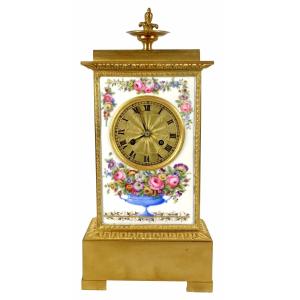 Borne Clock (rare) In Bronze And Porcelain Plaques - France - Early 19th Century