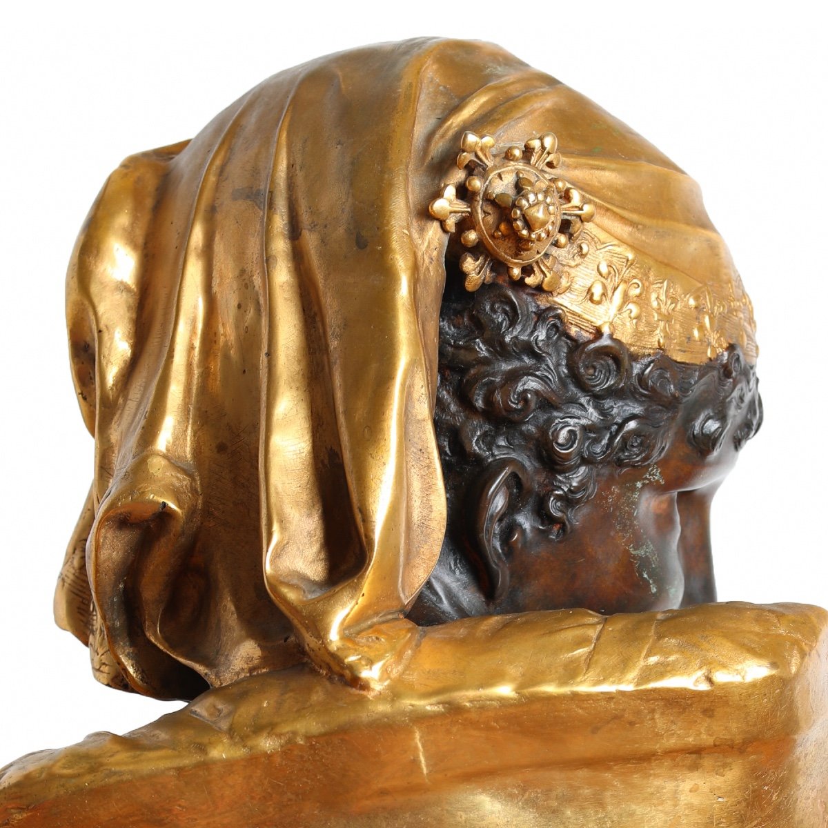Grande Sculpture Buste En Bronze Ephèbe oriental  Au Turban Par Luca Madrassi ( 1848-1919)-photo-4