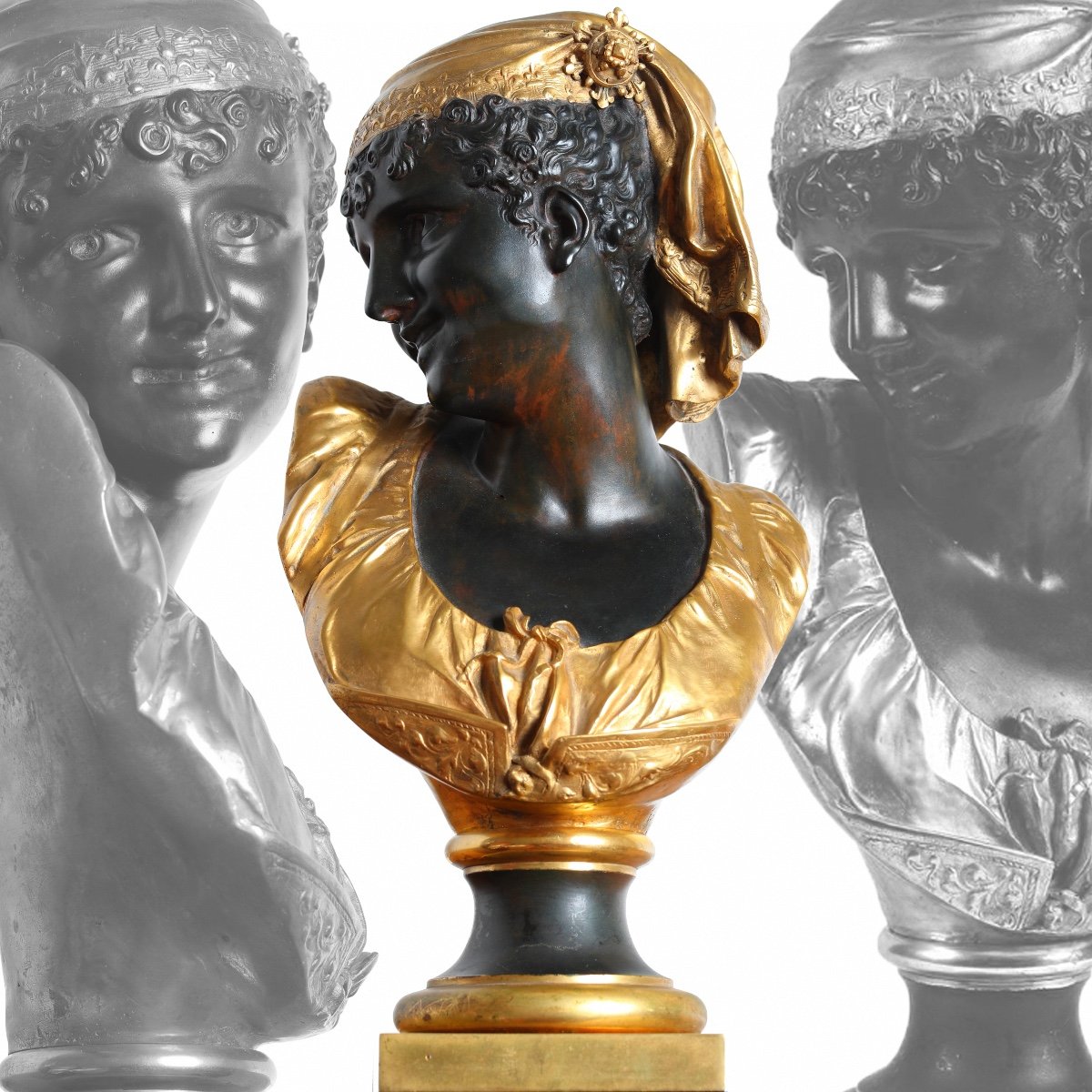 Grande Sculpture Buste En Bronze Ephèbe oriental  Au Turban Par Luca Madrassi ( 1848-1919)