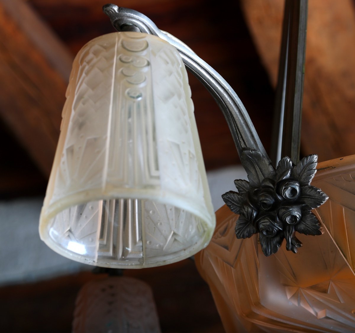Chandelier Muller Frères Lunéville With 5 Lights In Nickel-plated Bronze, Art Deco Period 1930-photo-2