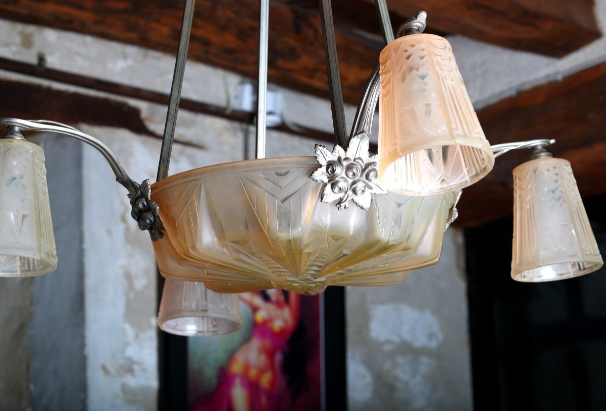 Chandelier Muller Frères Lunéville With 5 Lights In Nickel-plated Bronze, Art Deco Period 1930-photo-1