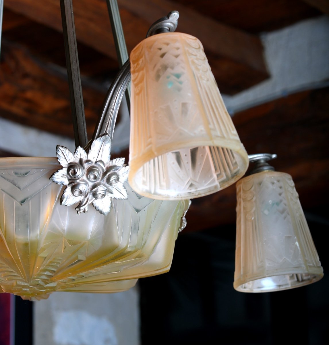 Chandelier Muller Frères Lunéville With 5 Lights In Nickel-plated Bronze, Art Deco Period 1930-photo-2