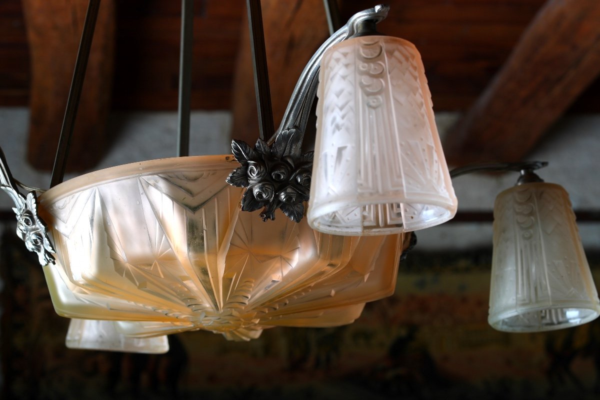 Chandelier Muller Frères Lunéville With 5 Lights In Nickel-plated Bronze, Art Deco Period 1930-photo-3