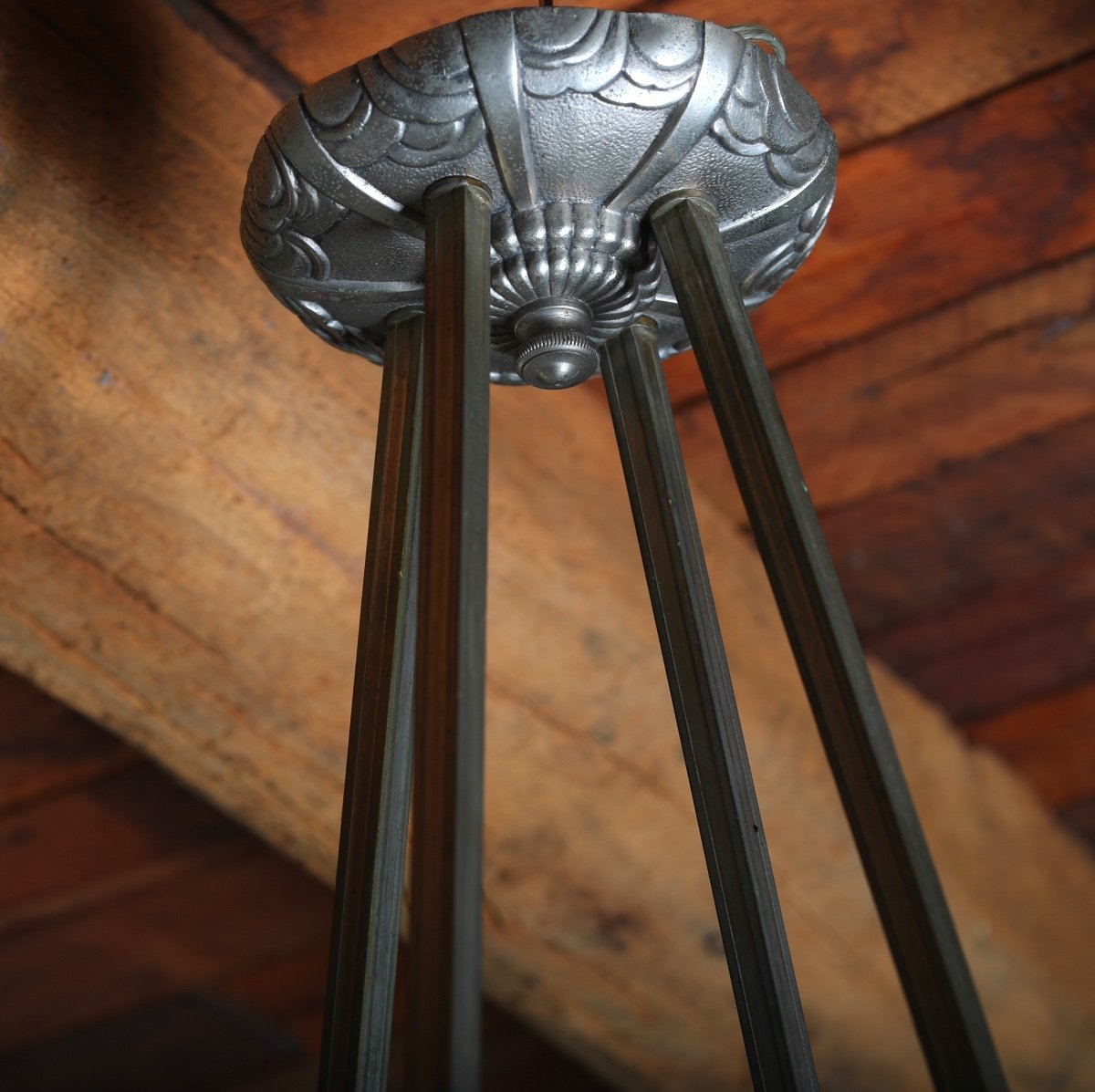 Chandelier Muller Frères Lunéville With 5 Lights In Nickel-plated Bronze, Art Deco Period 1930-photo-4
