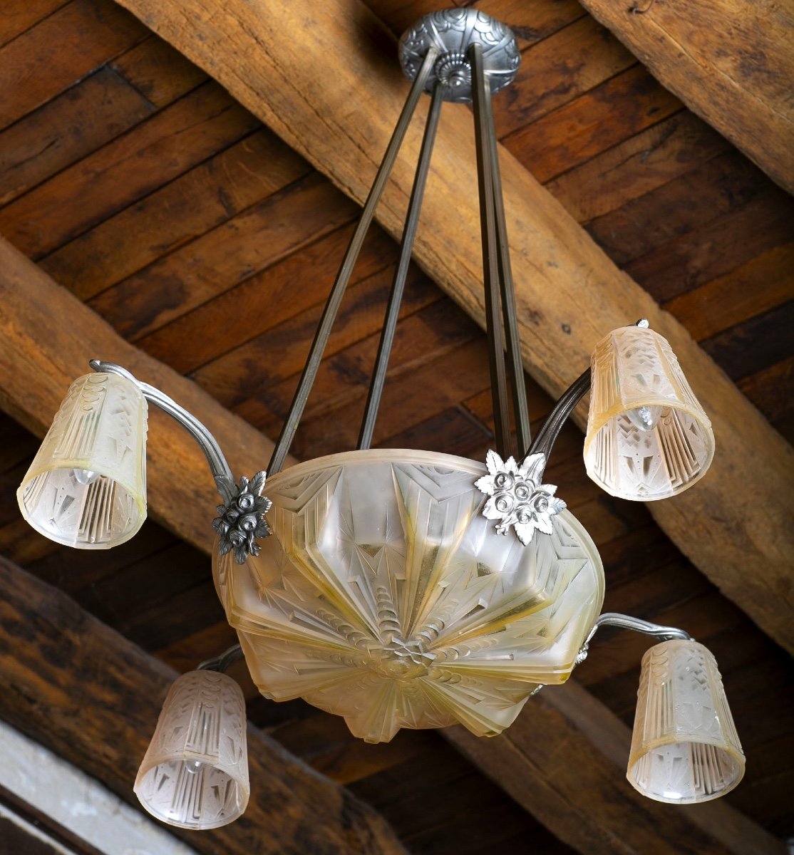 Chandelier Muller Frères Lunéville With 5 Lights In Nickel-plated Bronze, Art Deco Period 1930