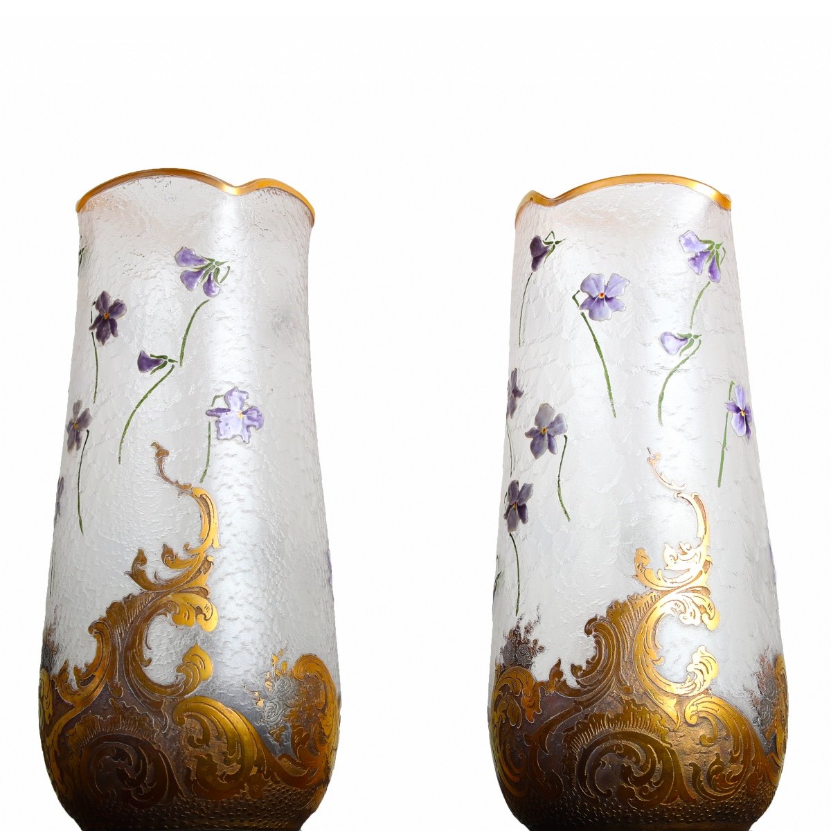 Pair Of Large Vases With Violets By Montjoye Legras 1900 - Art Nouveau