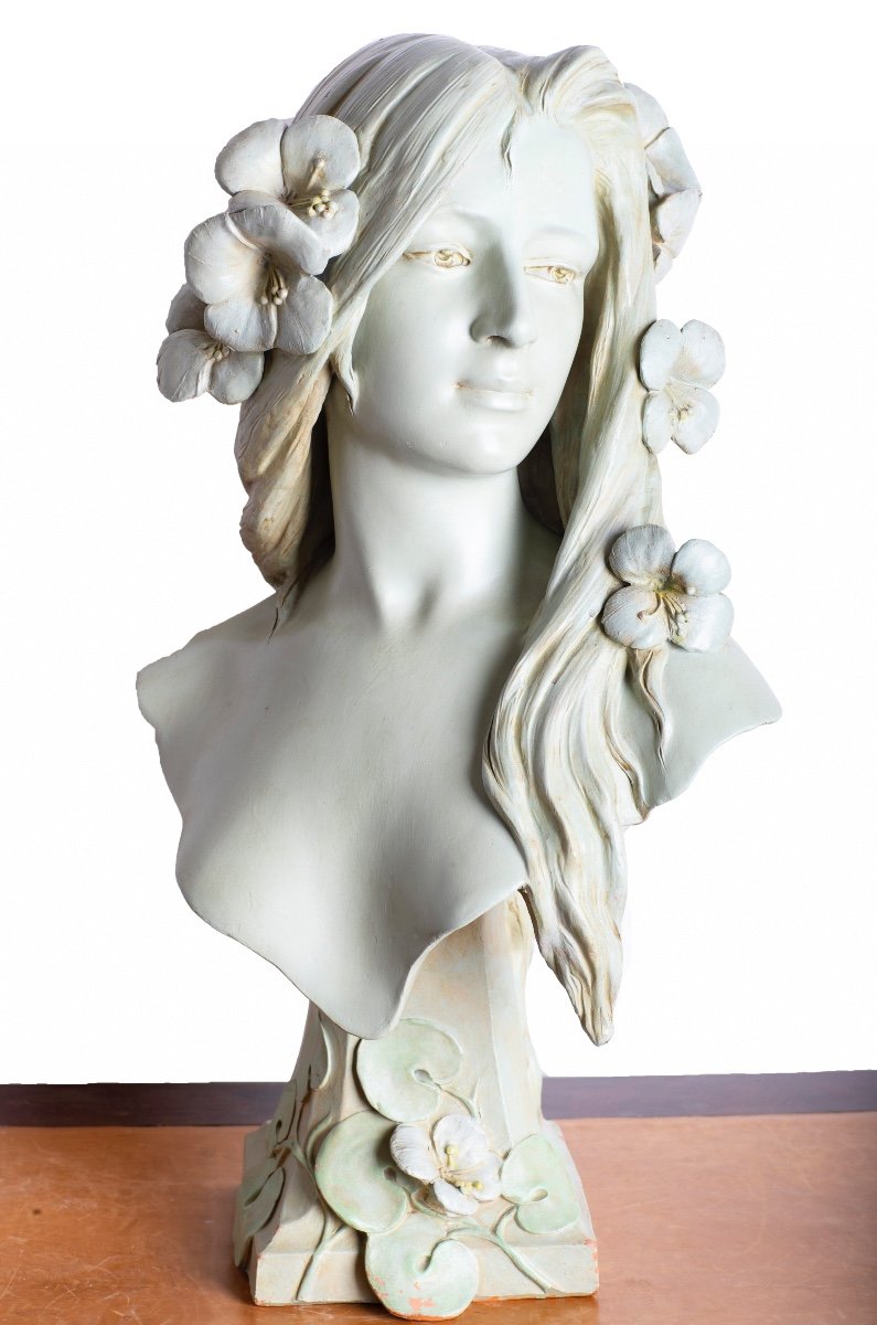 Grand buste La Femme Aux Fleurs Par Charles Coudray Exposition Universelle 1900 - Art Nouveau-photo-6