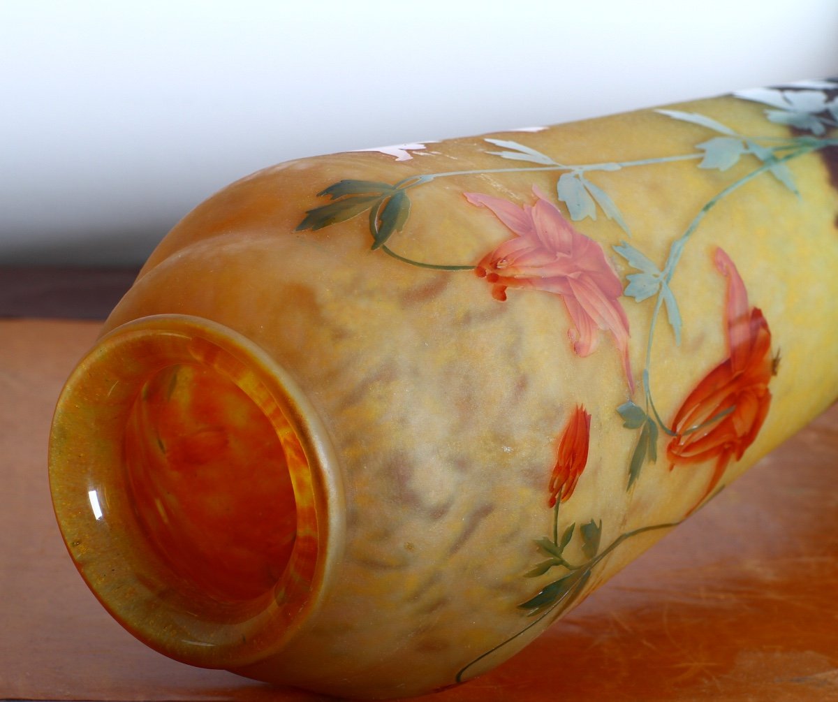 Important Grand Vase Aux Ancolies Signé Daum Nancy Croix De Lorraine - Art Nouveau 1900-photo-6