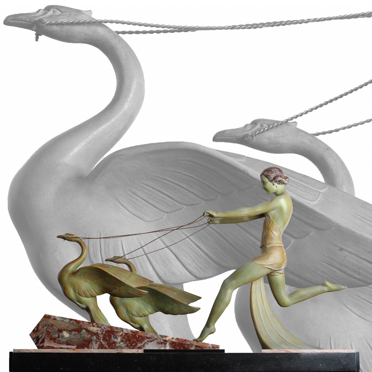 Large Sculpture "woman With Swans" By Limousin Art Deco 1920