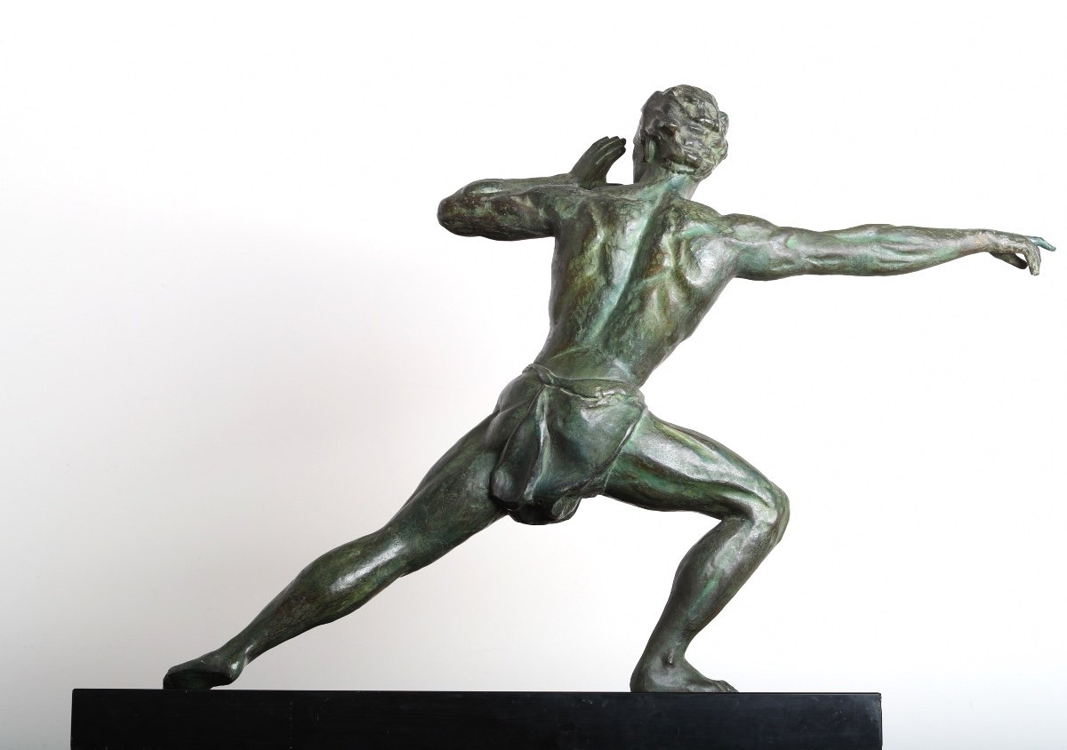 Grande Sculpture Homme Hélant Par Jean De Roncourt,  Le Verrier Fayral Bouraine - Art Deco 1930-photo-4